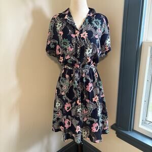 Banana Republic Print Belted Flounce Shirtdress Women’s 4 Preppy Navy Floral